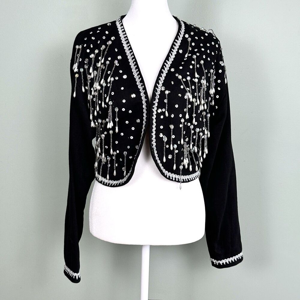 Joujou Beaded Bolero Jacket Womens Large Black Cotton Cropped Western Party VTG